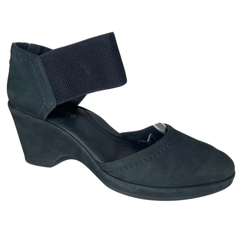 Nurture Larow Navy Blue Leather Wedge Shoes Ankle Band Size 6.5M